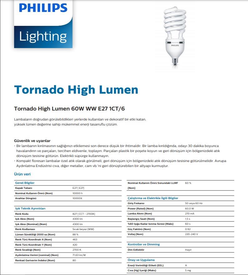 Philips 60 W Master Tornado Tasarruflu Ampül 4300 Lümen Beyaz Işık