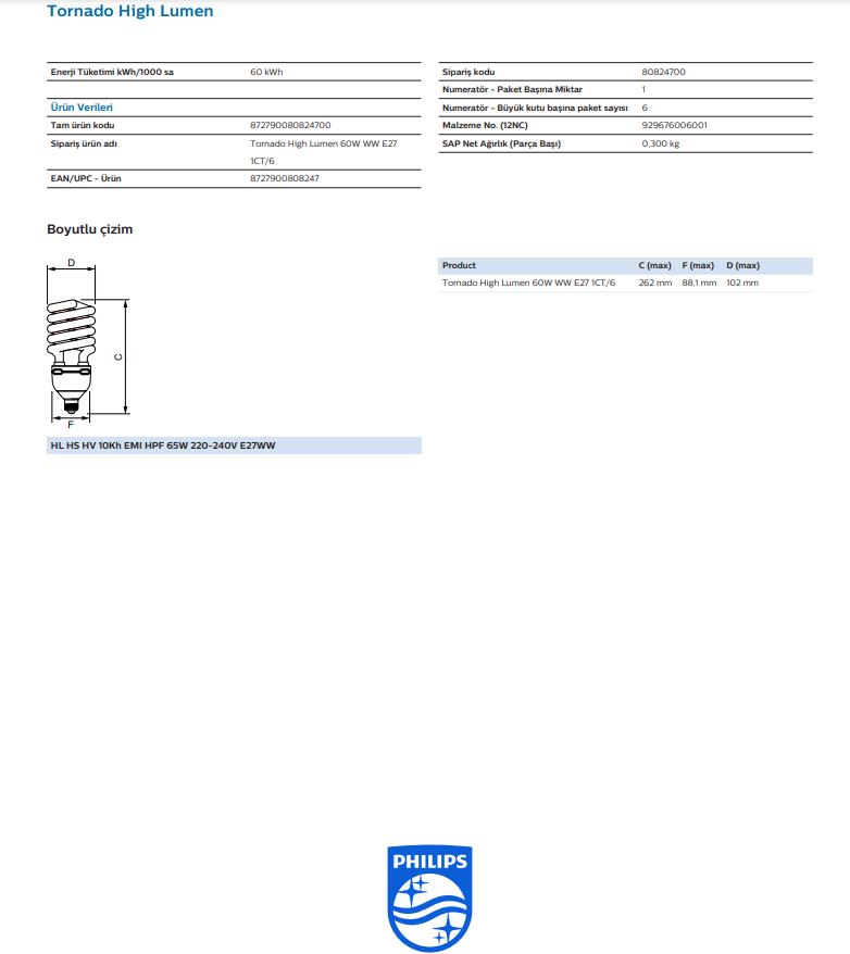 Philips 60 W Master Tornado Tasarruflu Ampül 4300 Lümen Beyaz Işık