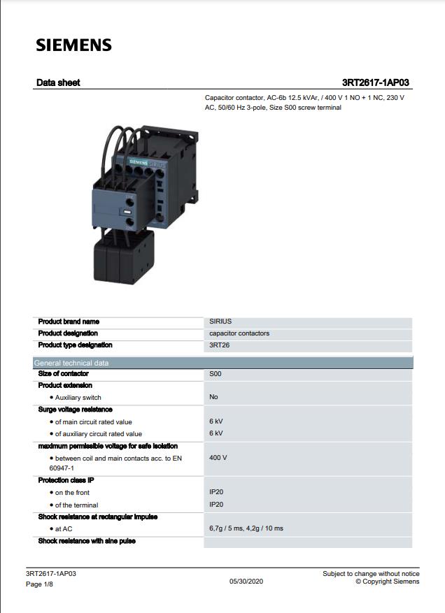 Siemens 3RT2617-1AP03 12,5 Kvar Kompanzasyon Kontaktörü
