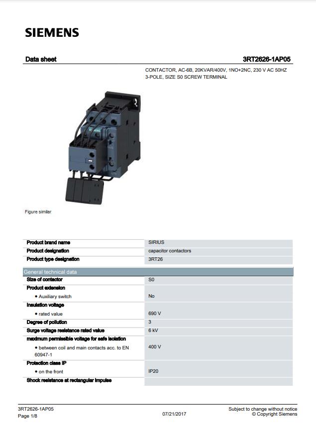 Siemens 3RT2626-1AP05 20 Kvar Kompanzasyon Kontaktörü