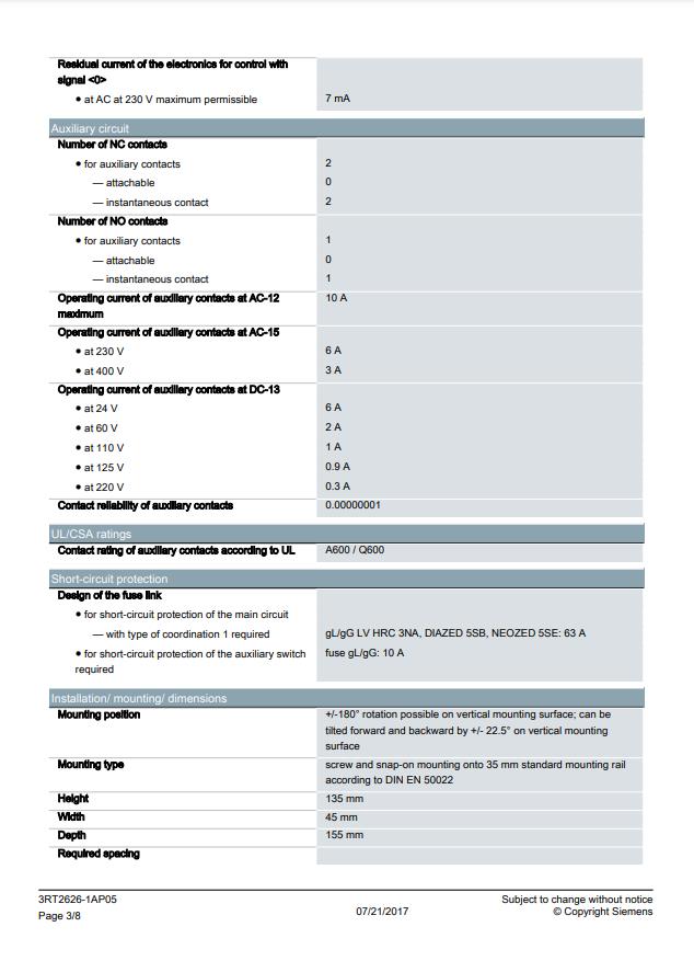 Siemens 3RT2626-1AP05 20 Kvar Kompanzasyon Kontaktörü