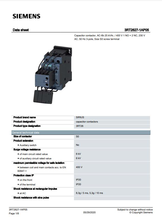 Siemens 3RT2627-1AP05 25 Kvar Kompanzasyon Kontaktörü