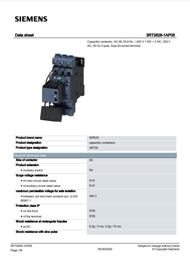 Siemens 3RT2628-1AP05 33 Kvar Kompanzasyon Kontaktörü