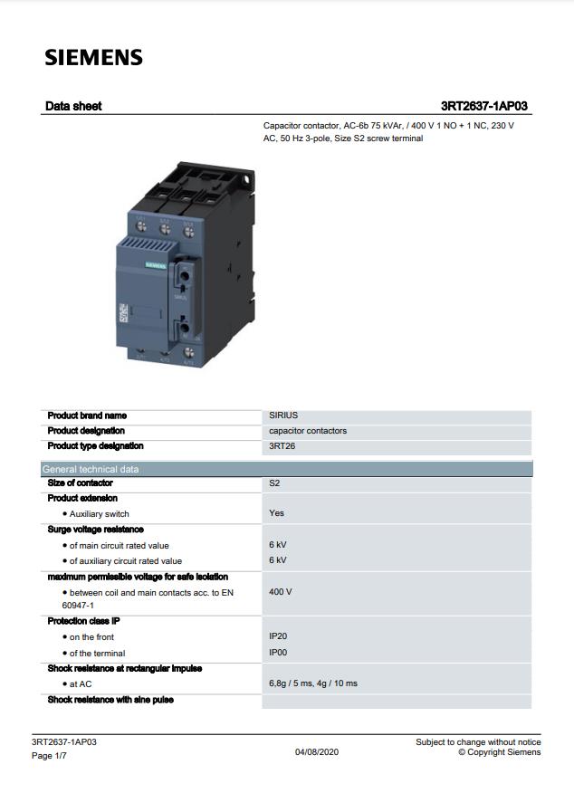 Siemens 3RT2637-1AP03 75 Kvar Kompanzasyon Kontaktörü