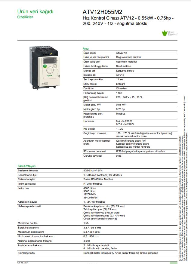 Schneider ATV12H055M2 0,55 KW Monofaze Hız Kontrol Cihazı (Frekans Kontrol Cihazı)