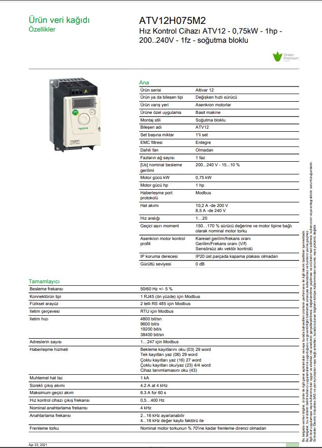 Schneider ATV12H075M2 0,75 kw Monofaze (1 Faz ) Hız Kontrol Cihazı Frekans KontrolCihazı