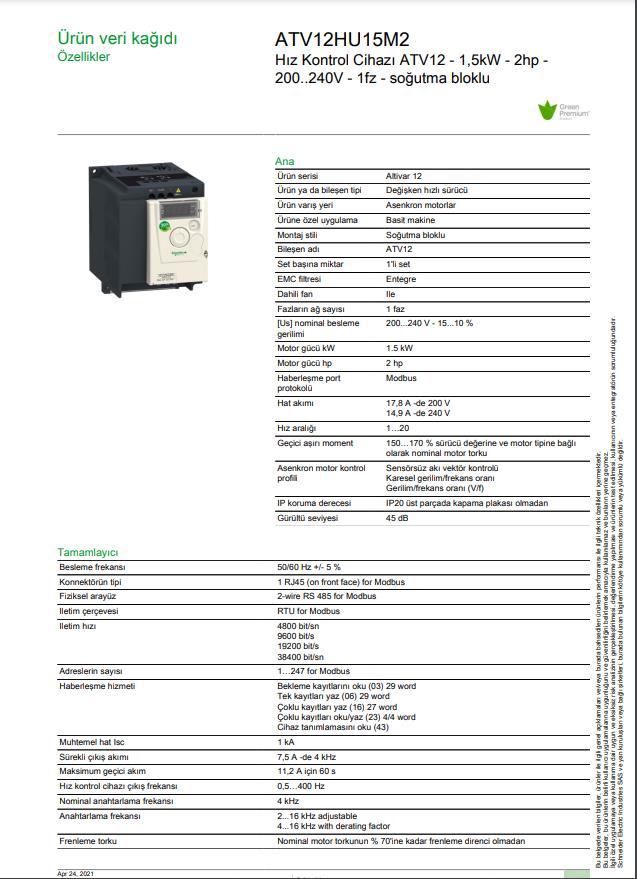 Schneider ATV12HU15M2 1,5 Kw 1 Faz Monofaze Hız Kontrol Cihazı ( Frekans Kontrol Cihazı)