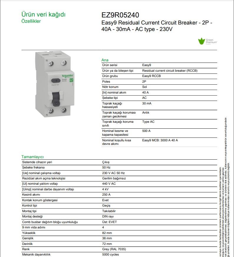 Schneider Electric Easy9 2 Kutup 30mA 40A Kaçak Akım Koruma Rolesi