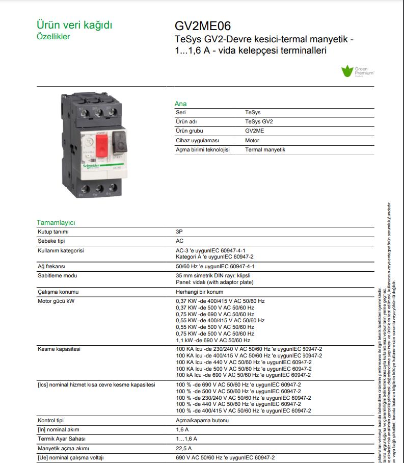 Schneider GV2ME06 1-1,6 Amper Motor Koruma Şalteri (Termik Şalter)