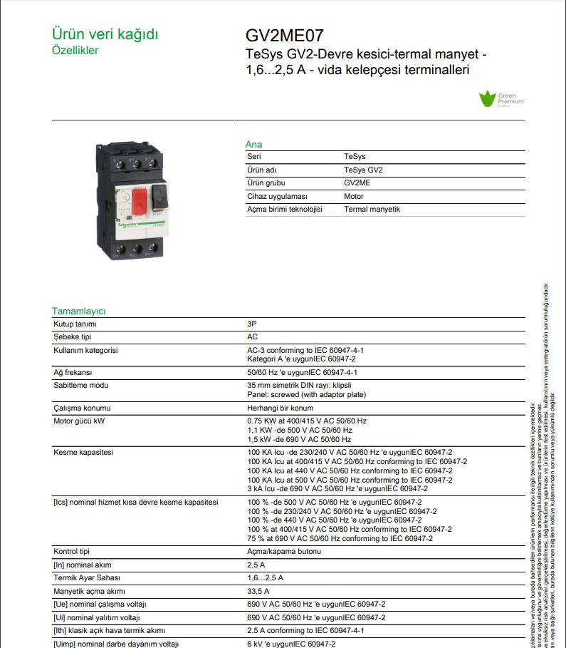 Schneider GV2ME07 1,6-2,5 A Motor Koruma Şalteri (Termik Şalter)