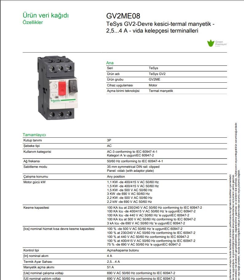 Schneider GV2ME08 2,5-4 Amper Motor Koruma Şalteri (Termik Şalter)