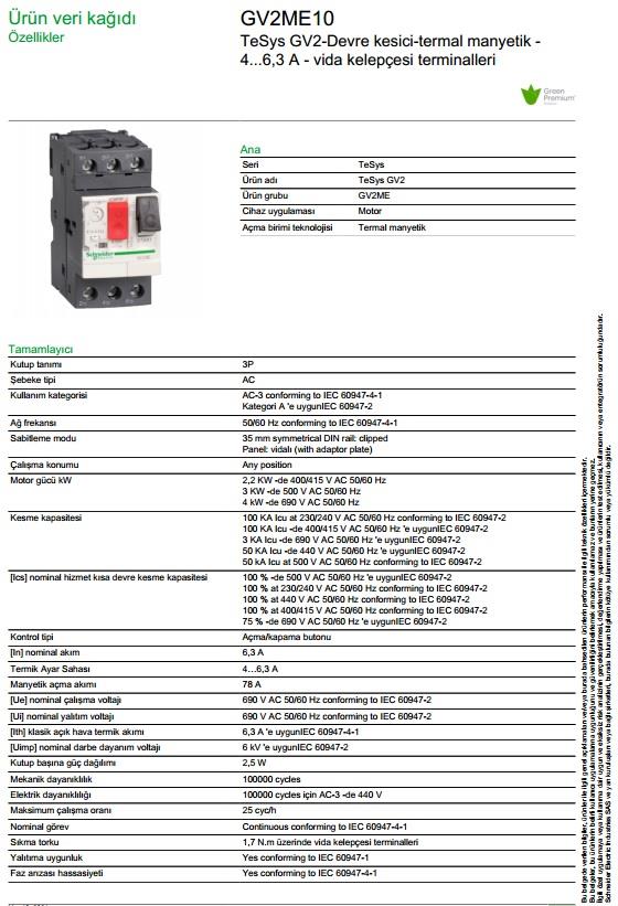 Schneider GV2ME10 4-6,3 Amper Motor Koruma Şalteri (Termik Şalter)