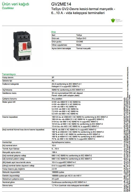 Schneider GV2ME14 6-10 Amper Motor Koruma Şalteri (Termik Şalter)