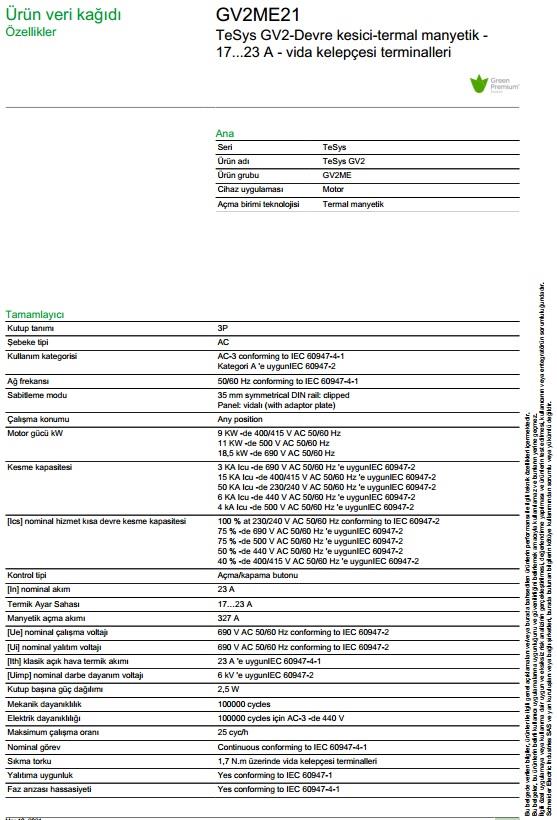 Schneider GV2ME21 17-23 Amper Motor Koruma Şalteri (Termik Şalter)