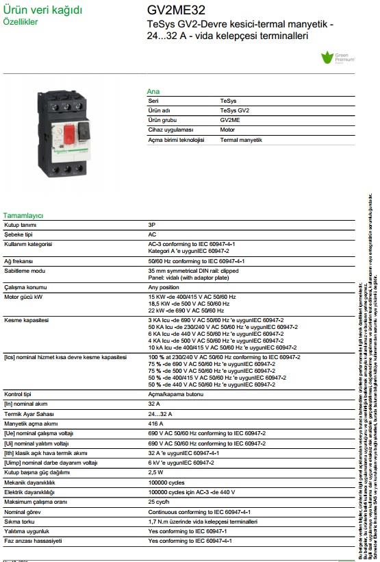 Schneider GV2ME32 24-32 Amper Motor Koruma Şalteri (Termik Şalter)