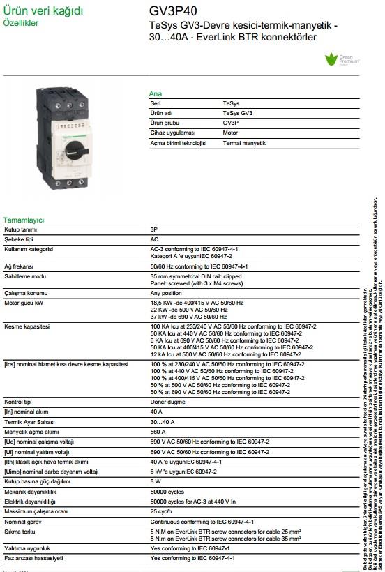 Schneider GV3P40 30-40 A Motor Koruma Şalteri (Termik Şalter)