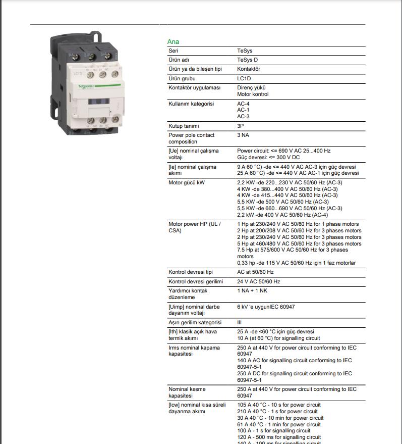 Schnedier LC1D09B7 4 KW 9A 24 VAC Güç Kontaktörü 1No+1Nc Kontak