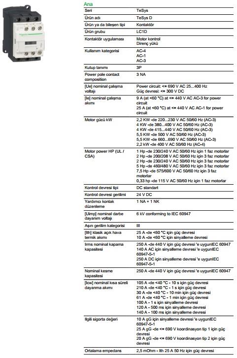 Schneider LC1D09BD 4 KW 9A 24V DC Güç Kontaktörü 1No+1Nc Kontak